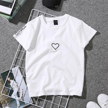 2018 Verão Casais Amantes Da T-Shirt Para As Mulheres Casual Branco Tops Tshirt Mulheres T-Shirt Do Amor Do Coração Bordado De Impressão De T-Shirt Feminina