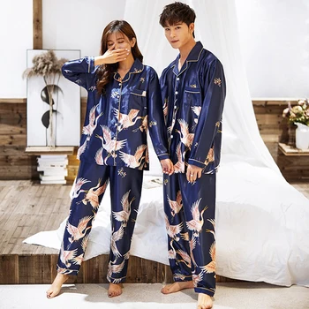 2PCS os Amantes do Pijama Conjuntos de Mulheres E Homens de Manga Longa, Calças Pijamas Terno de Cetim de Seda Casa Vestir de Noiva Sexy de Roupas em Casa