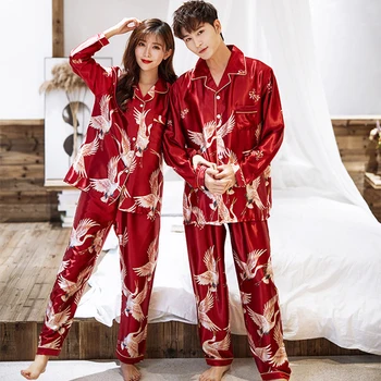 2PCS os Amantes do Pijama Conjuntos de Mulheres E Homens de Manga Longa, Calças Pijamas Terno de Cetim de Seda Casa Vestir de Noiva Sexy de Roupas em Casa