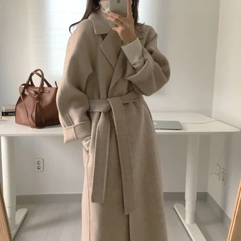 O coreano casaco de Mulher Elegante Casaco de Lã Longo Com Cinto de Cor Sólida Manga Longa Chique Vestuário de Senhoras Casaco de Outono Inverno 2020