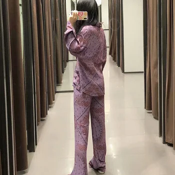 2020 NOVAS Verão feminino 2 peças Conjunto roxo imprimir camisa de Manga longa blusa longa com o Terno feminino casual mulher roupas