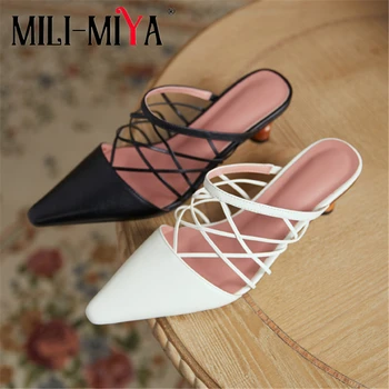 MILI-MIYA Design de Moda das Mulheres de Couro Genuíno Dedo Apontado Mulas Estranho Saltos Deslizamento Na Cor Sólida Vestido de Festa de Sapatos de Verão