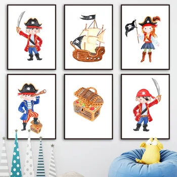 Cartoon Pirata Menino Menina Navio Do Tesouro Nórdicos Pôsteres E Impressões De Arte De Parede Tela De Pintura De Parede, Fotos De Bebê, Decoração De Quarto De Crianças