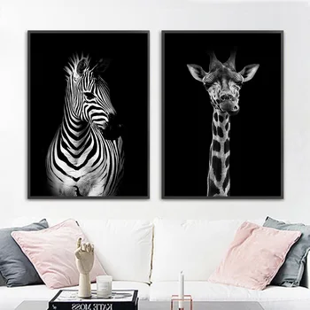 Preto e Branco Animais de Lona Cartaz de Impressão Zebra, Girafa Arte de Parede Pintura Nórdica Decoração Imagem Moderna Decoração de Sala de estar