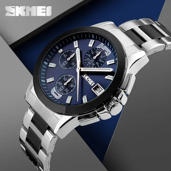 Marca SKMEI Homens Relógios de Negócio Série de Luxo Aço Inoxidável de Quartzo do relógio de Pulso Cronógrafo dos Homens Impermeável 30m Relógio 9126