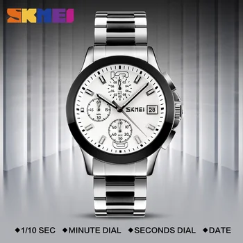 Marca SKMEI Homens Relógios de Negócio Série de Luxo Aço Inoxidável de Quartzo do relógio de Pulso Cronógrafo dos Homens Impermeável 30m Relógio 9126