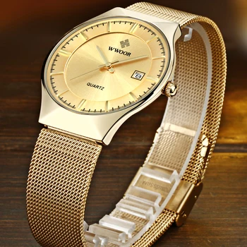 WWOOR Marca Homens 38mm Relógios de Quartzo Ultra Fino Data de Ouro, Malha de Aço Simples Relógio Slim para os Homens Waterproof o Ouro Masculino Relógio de Pulso