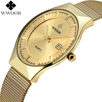 WWOOR Marca Homens 38mm Relógios de Quartzo Ultra Fino Data de Ouro, Malha de Aço Simples Relógio Slim para os Homens Waterproof o Ouro Masculino Relógio de Pulso