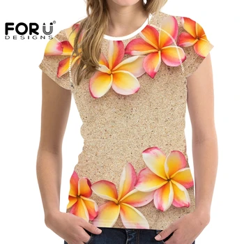 FORUDESIGNS Senhoras Tops Plumeria 3D Flor de Impressão Mulheres Slim Respirável Camisetas Amarelo cor-de-Rosa Flowal Moda Verão Manga Curta