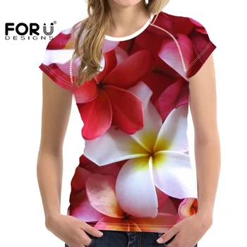 FORUDESIGNS Senhoras Tops Plumeria 3D Flor de Impressão Mulheres Slim Respirável Camisetas Amarelo cor-de-Rosa Flowal Moda Verão Manga Curta
