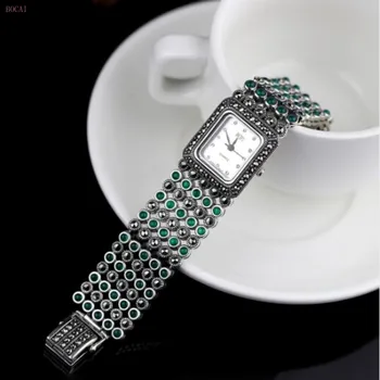 Prata 925 S925 prata pulseiras para mulheres e homens de jóias das mulheres de prata Tailandês da pulseira relógio incrustado de calcedônia verde