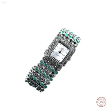 Prata 925 S925 prata pulseiras para mulheres e homens de jóias das mulheres de prata Tailandês da pulseira relógio incrustado de calcedônia verde