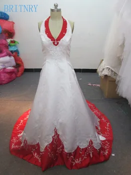 BRITNRY Branco e o Vermelho do Vestido de Casamento Elegante Colete Bordado de Beading Uma Linha de Vestidos de Noiva De 2018 Fotos Reais