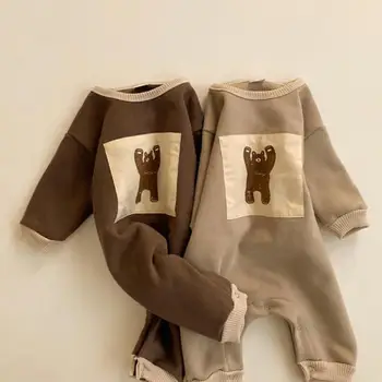 2021 primavera Novo Bebê moletom de romper do Bebê Meninas Meninos desenho animado do Urso de impressão Engrossar quente Macacão Vintage Romper do Bebê Manga Longa