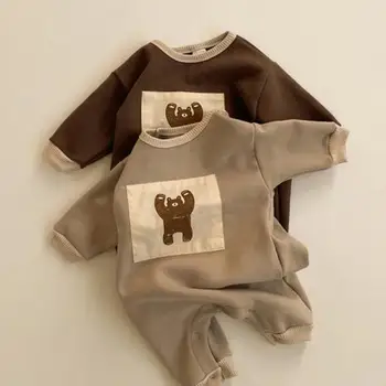 2021 primavera Novo Bebê moletom de romper do Bebê Meninas Meninos desenho animado do Urso de impressão Engrossar quente Macacão Vintage Romper do Bebê Manga Longa