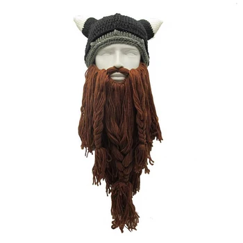 Nova moda engraçado feito à mão longa barba viking lã barbudo pirata chifres de Halloween chapéu