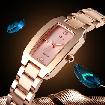 SKMEI Marca de Luxo Senhoras Relógios de Quartzo Pulseira de Aço Inoxidável Relógios de Moda Impermeável Mulheres Relógios de pulso Relógio Feminino