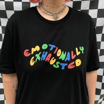 Fashionshow-JF Emocionalmente Exausto Colorido Impresso T-Shirt Unisexo Tumblr Grunge Preto Tee de Verão Bonito Tops Street Wear