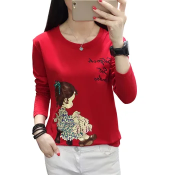Harajuku Outono das Mulheres T-shirt 2020 coreano vintage da Menina dos desenhos animados de Impressão Tops Plus Size 5XL Casual Feminina manga Longa Camisa de Algodão