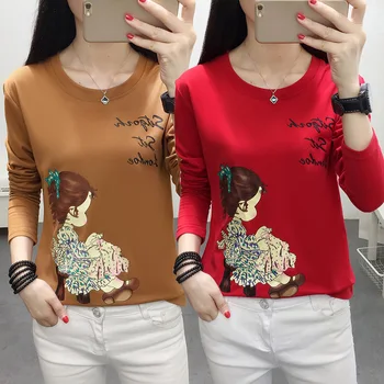 Harajuku Outono das Mulheres T-shirt 2020 coreano vintage da Menina dos desenhos animados de Impressão Tops Plus Size 5XL Casual Feminina manga Longa Camisa de Algodão