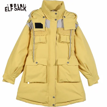 ELFSACK Sólido Puro Oversize com Capuz 90% em Branco para Baixo do Brasão Mulheres,2021 Inverno ELF Moda coreana Senhoras Quente Diário Safari Outwear