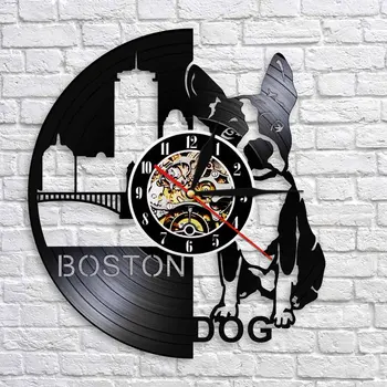 Boston Terrier Um Cão Relógio De Parede Cão Pet Shop Sinal De Arte De Parede Raças De Cachorro Bulldog Francês Disco De Vinil Relógio De Parede Cachorro Proprietários De Presente