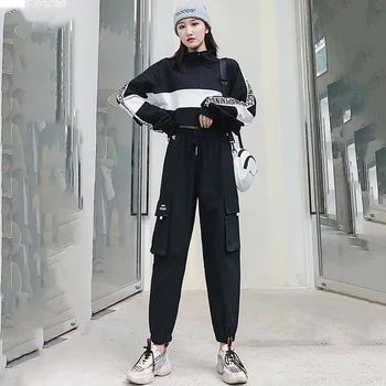 2020 Outono de Cintura Alta Streetwear Carga Calças Femininas Harajuku Solta Corredores de Mulheres 2 Terno de Peça harém camo pants