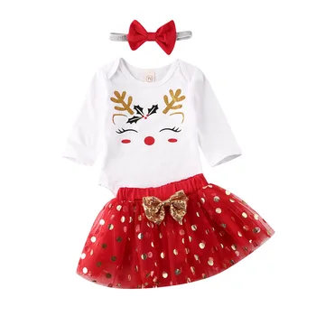3Pcs Infantil Bebê Menina Roupas de Romper do Topo do Ponto de Tule Saia Tutu Cabeça Natal Natal Trajes de Princesa Bonito Vestuário