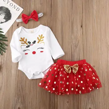 3Pcs Infantil Bebê Menina Roupas de Romper do Topo do Ponto de Tule Saia Tutu Cabeça Natal Natal Trajes de Princesa Bonito Vestuário