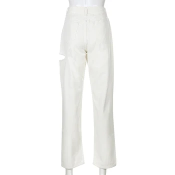 Darlingaga Moda Rasgado Buraco Branco Jeans Calças Para Mulheres Reta Streetwear Jeans Sólido De Cintura Alta, Calças De Pantalones Estilo Coreano