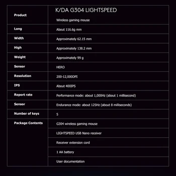 KDA Logitech G304 LIGHTSPEED Gaming Mouse 2.4 G sem Fio HERÓI Sensor de Ratos de Computador 6 Botões 12000DPI Óptico Gamer Ratos para PC