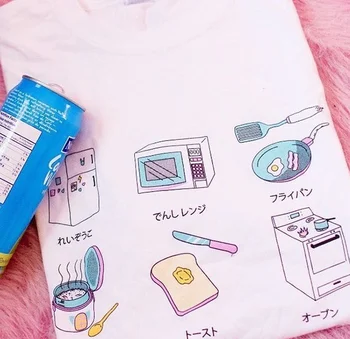 HAHAYULE-JBH Japonês de Moda Kawaii Utensílios de cozinha T-Shirt de Impressão Harajuku Style Bonito Graphic Tee de 90 Anime Topo