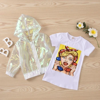 18M-8Y Criança Infantil de Crianças de Bebê Menina de Moda de Roupas de Impressão Curto Tops de Manga Longa Camisa de Vestido de Laser Casaco com Capuz 2Pcs Conjunto de Roupas
