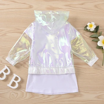 18M-8Y Criança Infantil de Crianças de Bebê Menina de Moda de Roupas de Impressão Curto Tops de Manga Longa Camisa de Vestido de Laser Casaco com Capuz 2Pcs Conjunto de Roupas