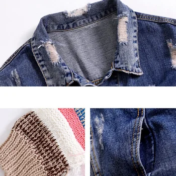 Casuais novo BF Patchwork confecção de Malhas da Luva Jaquetas Jeans Para Mulheres Rasgado Buraco de Borla Feminino Jaqueta de 2019 Moda Outono Maré