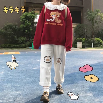 Coreia Ulzzang Japonês Bonito Casual Calças De Veludo Cotelê Mulheres Do Vintage Doce Urso Calças Soltas Harajuku Kawaii Feminino Calças Compridas Novo