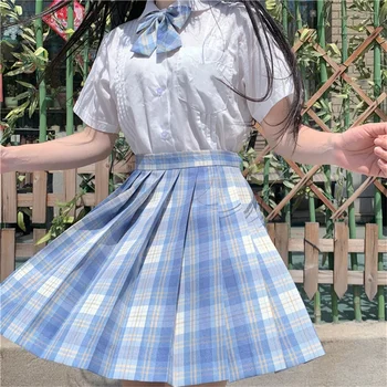 Japonesas Kawaii Mulher Definir Doce Arco Gola Manga Curta, camisa Branca Bonito Plissada Xadrez Printes Senhora Saias JK Estudante de Roupas