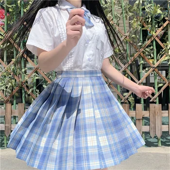 Japonesas Kawaii Mulher Definir Doce Arco Gola Manga Curta, camisa Branca Bonito Plissada Xadrez Printes Senhora Saias JK Estudante de Roupas