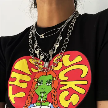 Gótico em Camadas Cadeado Chaves Pedante Colar para Mulheres Punk 3Pcs/Set Homens Hip-Hop Pin Gargantilha Rock Amantes Colar de Jóias