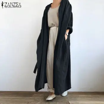 2021 Moda das Mulheres de Longo casaco de lã no Outono de Manga Longa Frontal Aberto Blusa ZANZEA Vintage Sólido Laço na Camisa Solta batinha de Quimono