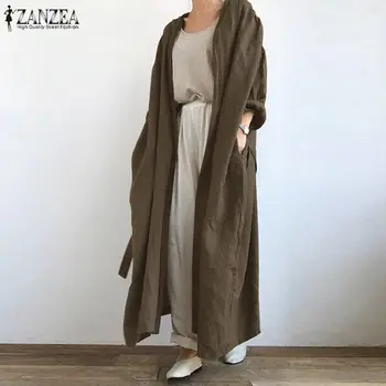 2021 Moda das Mulheres de Longo casaco de lã no Outono de Manga Longa Frontal Aberto Blusa ZANZEA Vintage Sólido Laço na Camisa Solta batinha de Quimono