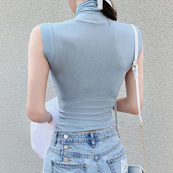 A coreia do verão nova micro-transparente de alta-pescoço assentamento t-shirt Senhora do Escritório Broadcloth Curto sem Mangas
