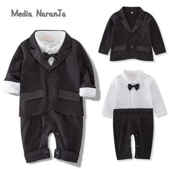 O bebê meninos senhores do casamento a roupa terno gravata preta de manga comprida romper+jaqueta de terno festa cavalheiro traje formal