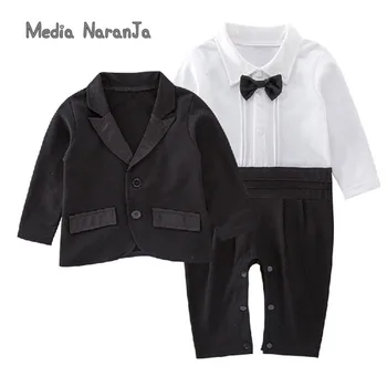 O bebê meninos senhores do casamento a roupa terno gravata preta de manga comprida romper+jaqueta de terno festa cavalheiro traje formal