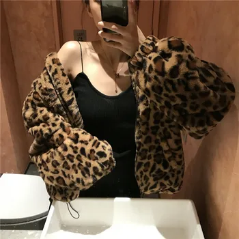 Revestimento Do Inverno Das Mulheres Chaqueta Vintage Leopard Stand Colarinho Zíper Outwear Senhora Solta Plus Size Fuzzy Top Coat Streetwear A1454