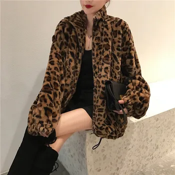 Revestimento Do Inverno Das Mulheres Chaqueta Vintage Leopard Stand Colarinho Zíper Outwear Senhora Solta Plus Size Fuzzy Top Coat Streetwear A1454