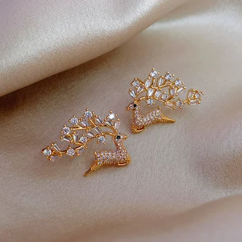 Nova moda jóias requintadas de cobre embutidos zircão veado ramo de ouro 14K brincos de luxo cheio de cristal das mulheres brincos de festa de formatura