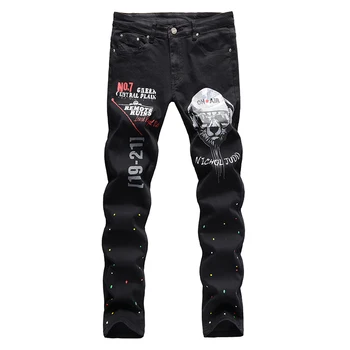 Homens do tigre digital impresso em preto jeans de Moda pintada slim de extensão em linha reta de jeans, calças