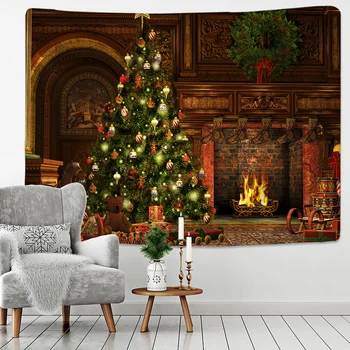Natal Tapeçaria Árvore De Natal E Uma Lareira Quente Família Pendurada Na Parede Pano De Fundo Da Sala De Casa Decoração Presente