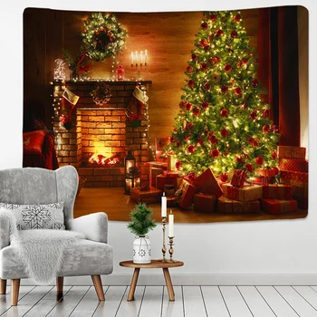 Natal Tapeçaria Árvore De Natal E Uma Lareira Quente Família Pendurada Na Parede Pano De Fundo Da Sala De Casa Decoração Presente